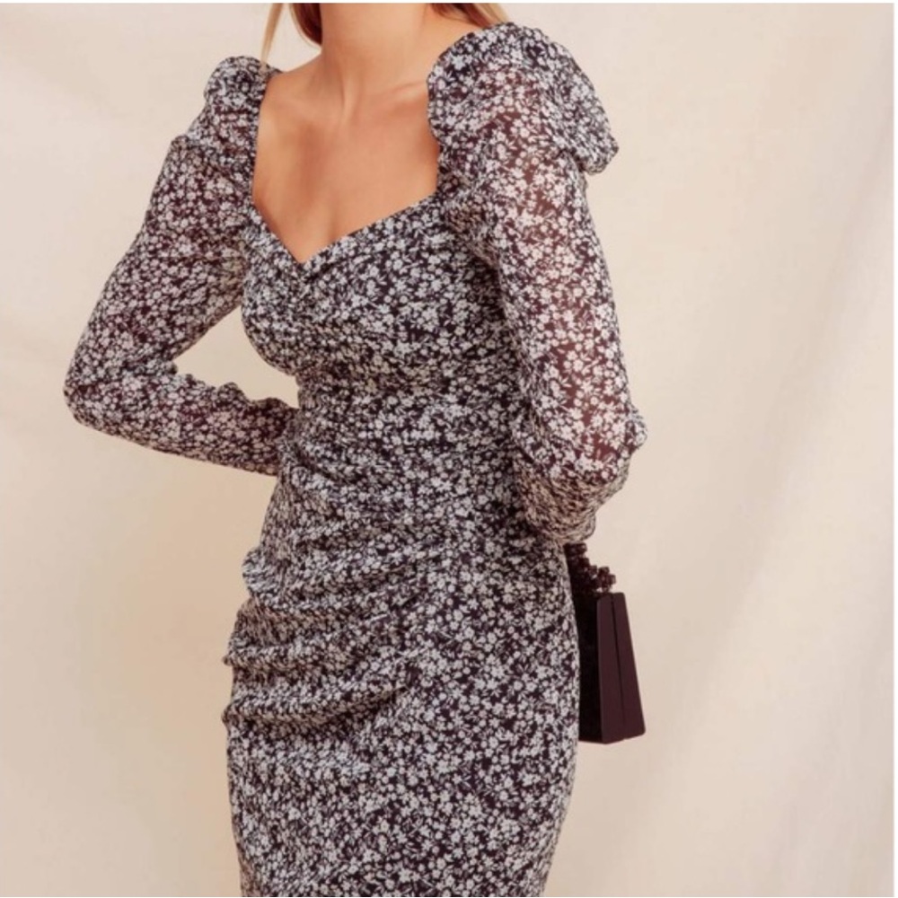 ASTR Long Sleeve Floral Ruched Mini Dress Black White Medium New with Tags